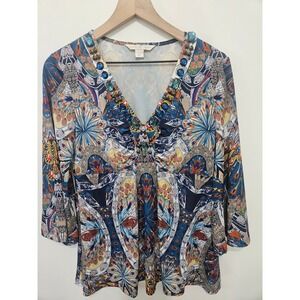 Boston Proper Gemstone Embellished V-Neck Top Blue Orange Multi Print Size M
